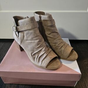 Fergalicious Taupe Peep-Toe Ankle Booties